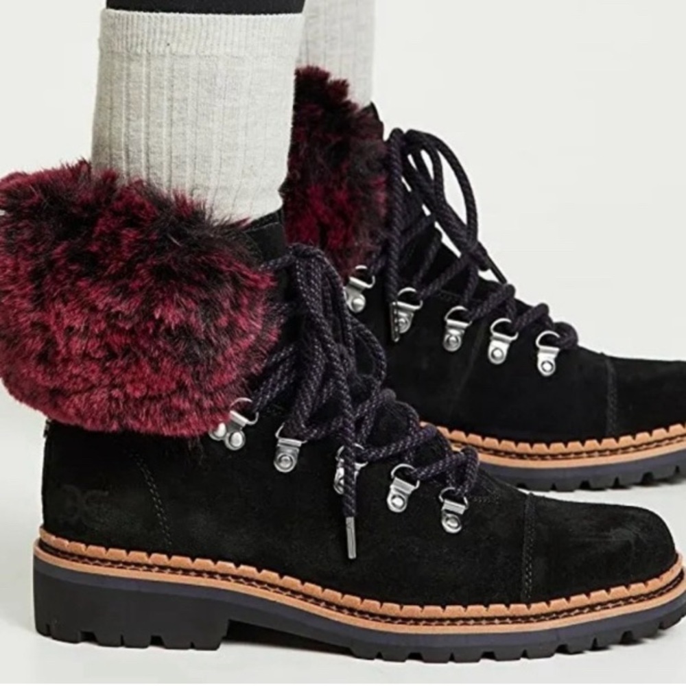 Sam Edelman Black Suede Bowen Lace Up funky Pink Fur Trimmed Booties